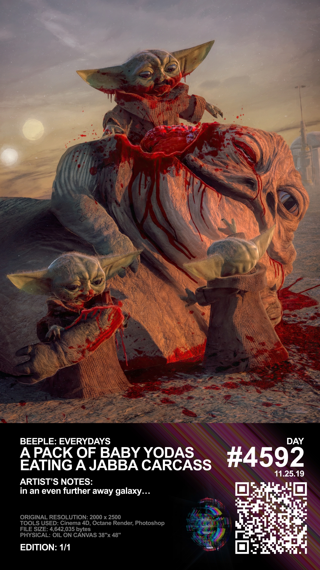 A PACK OF BABY YODAS EATING A JABBA CARCASS